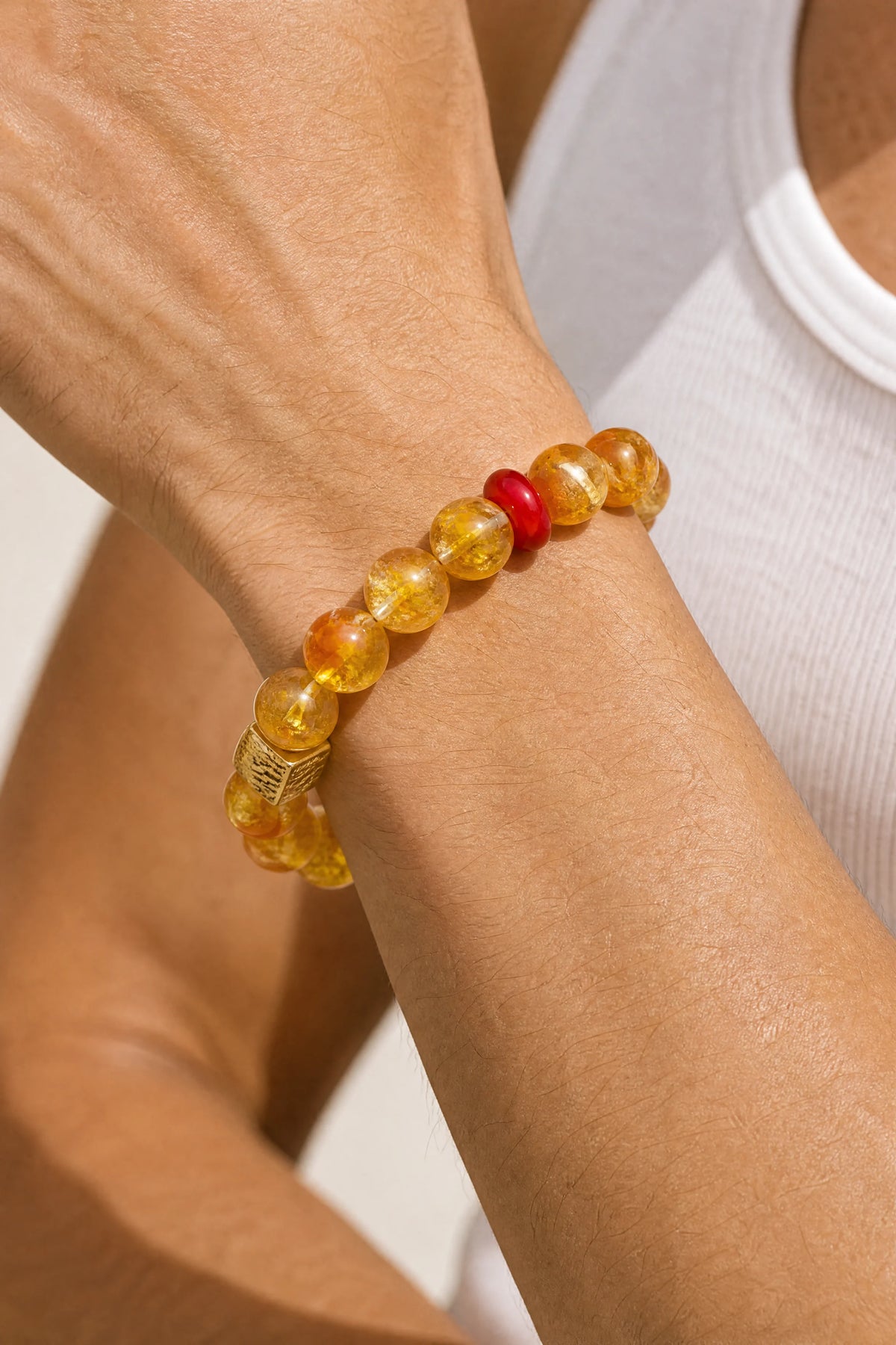 citrine-strawberry-quartz-peace-buckle-bracelet-model-a-outfit-a-closeup-01