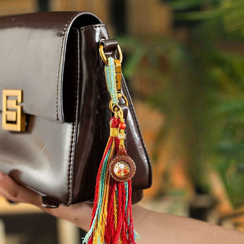Hand-Painted Thangka Tassel Charm — Bag & Key Pendant with Tibetan Guardian Figures Tibet Art