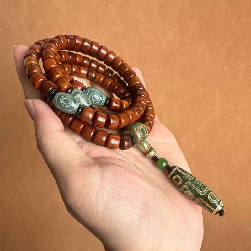 Tibetan Yak Bone Mala — 108-Bead Prayer Strand with Dzi Bead Pendant Tibet Art