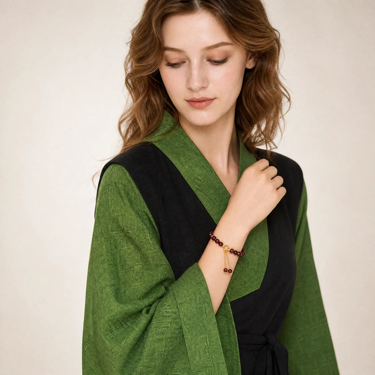 garnet-faceted-double-drop-bracelet-model-a-outfit-a-fashion-01
