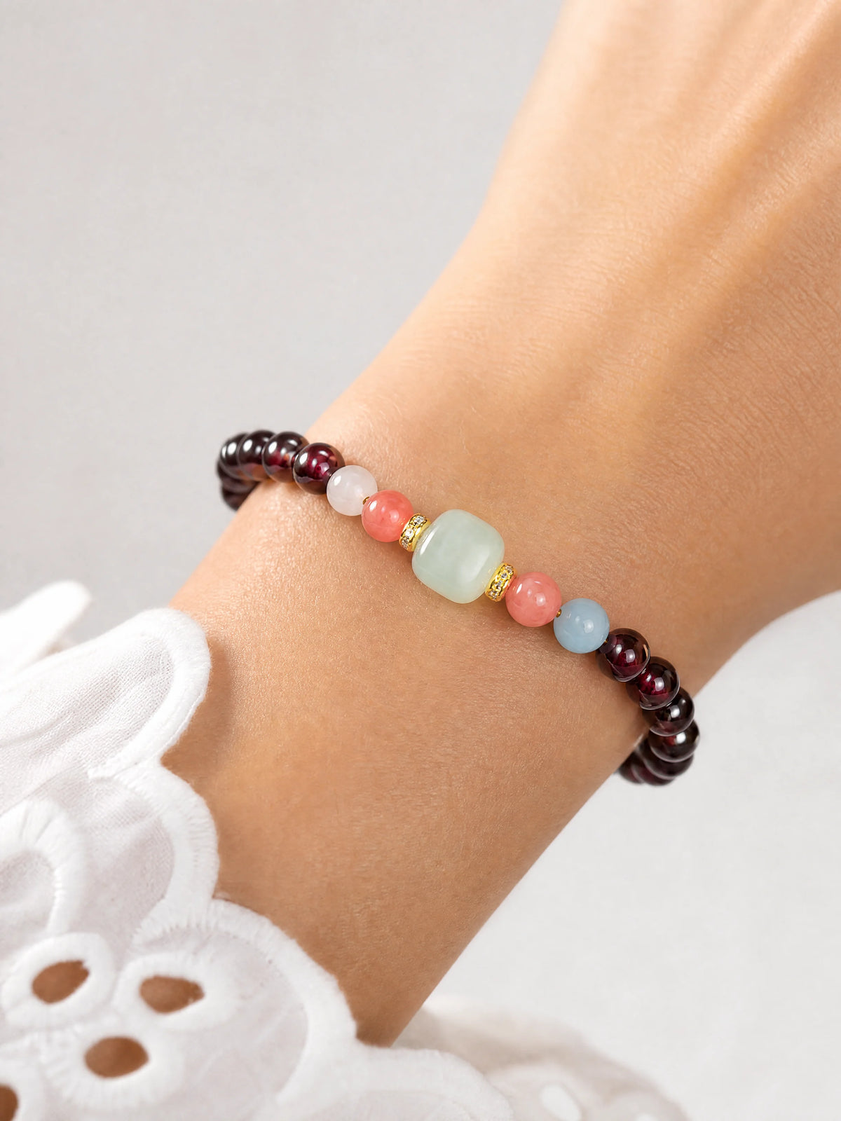 garnet-lucky-jade-bracelet-good-fortune-model-a-outfit-a-closeup-01