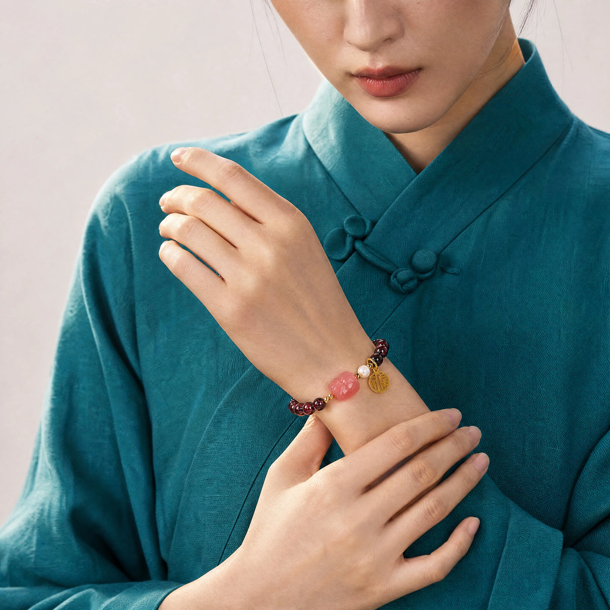 garnet-strawberry-quartz-pixiu-bracelet-model-a-outfit-a-fashion-02