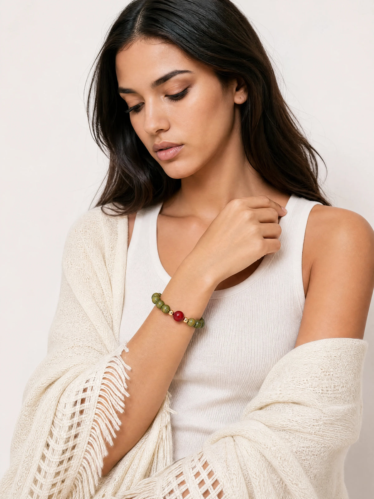 green-sandalwood-cinnabar-mala-bracelet-model-b-outfit-b-fashion-01