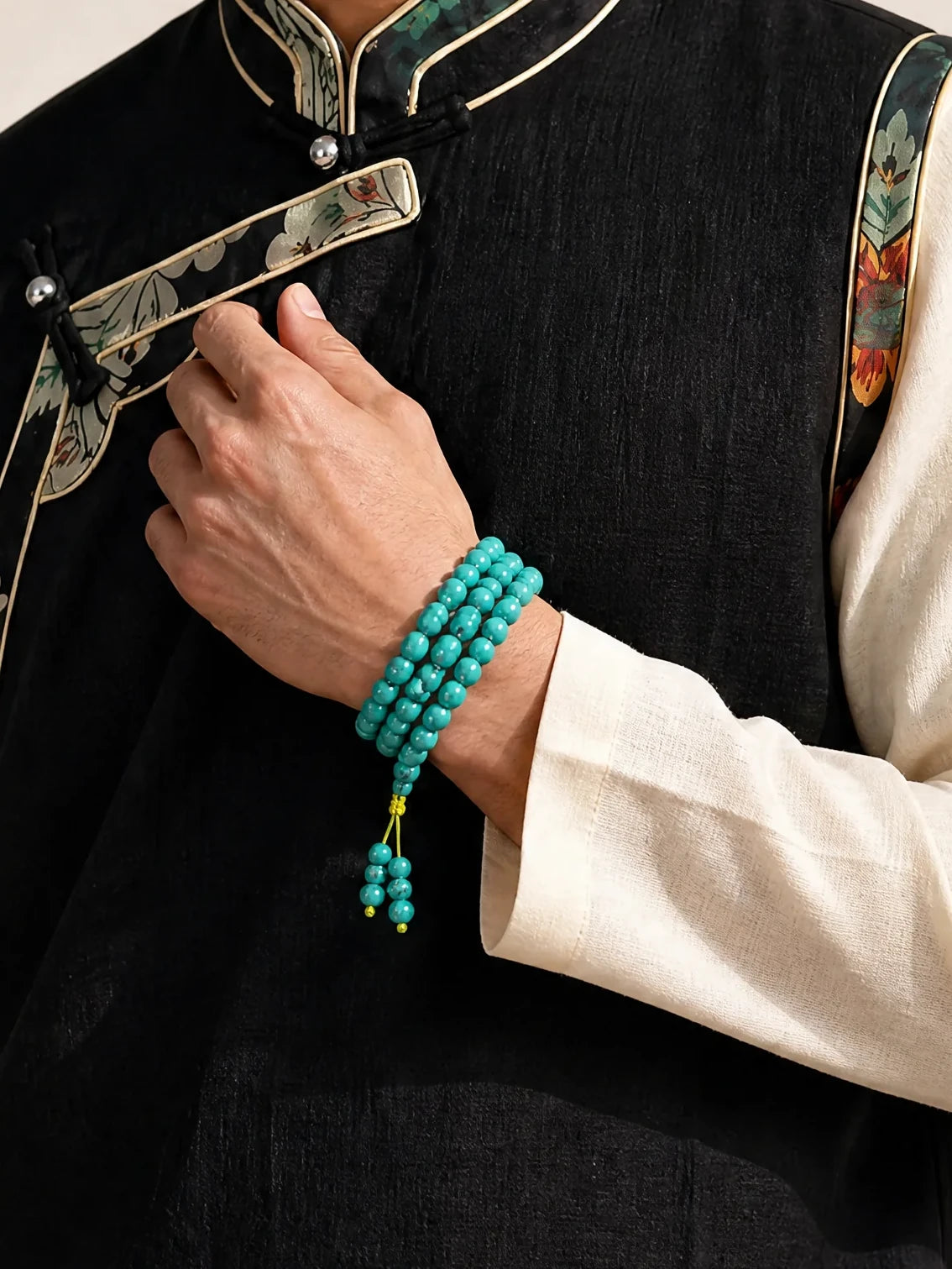 green-turquoise-108-bead-mala-bracelet-model-a-outfit-a-fashion-01