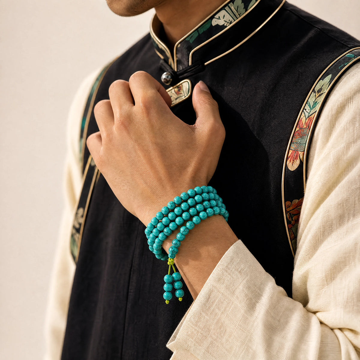 green-turquoise-108-bead-mala-bracelet-model-a-outfit-a-fashion-02