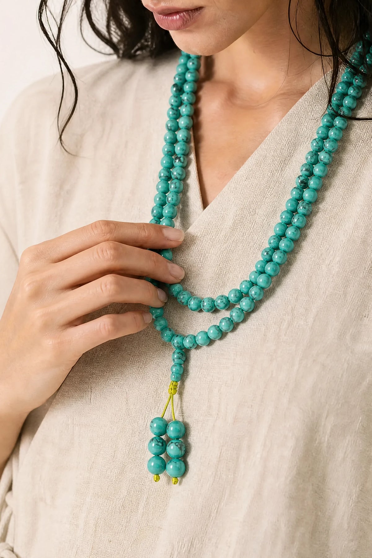 green-turquoise-108-bead-mala-bracelet-model-b-outfit-b-fashion-03