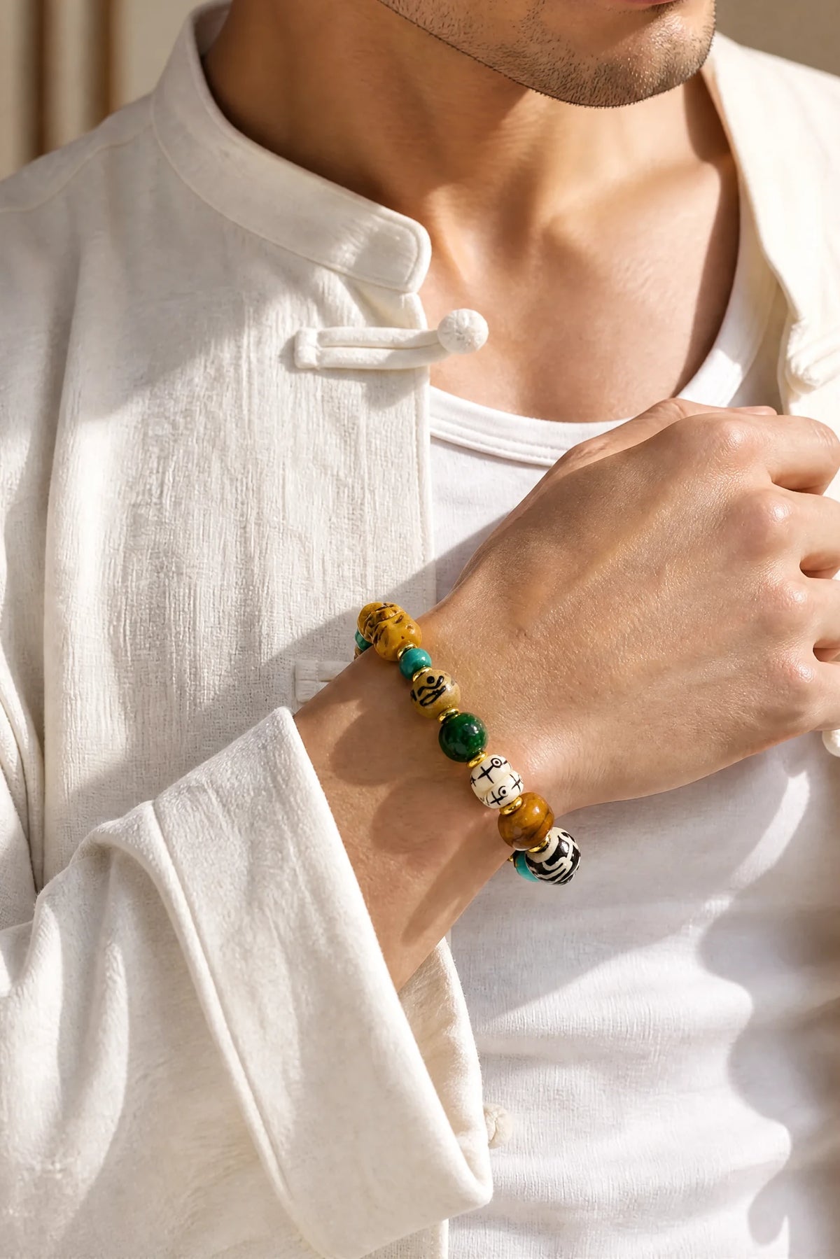 multicolor-yak-bone-treasure-bracelet-10mm-model-a-outfit-a-fashion-02