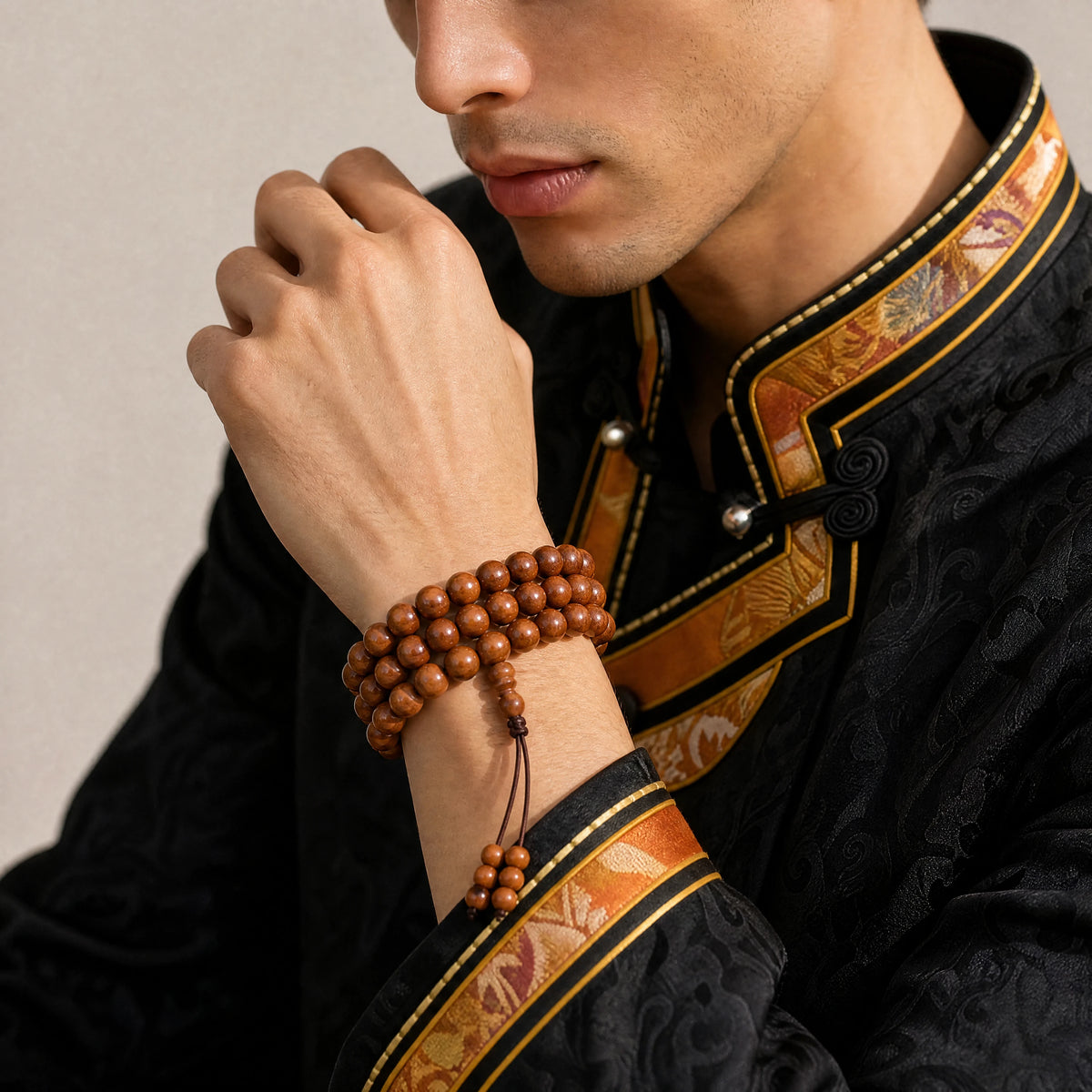 peach-wood-108-bead-mala-bracelet-model-a-outfit-a-fashion-01