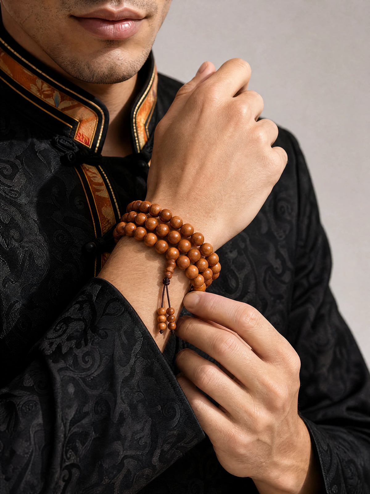 peach-wood-108-bead-mala-bracelet-model-a-outfit-a-fashion-03