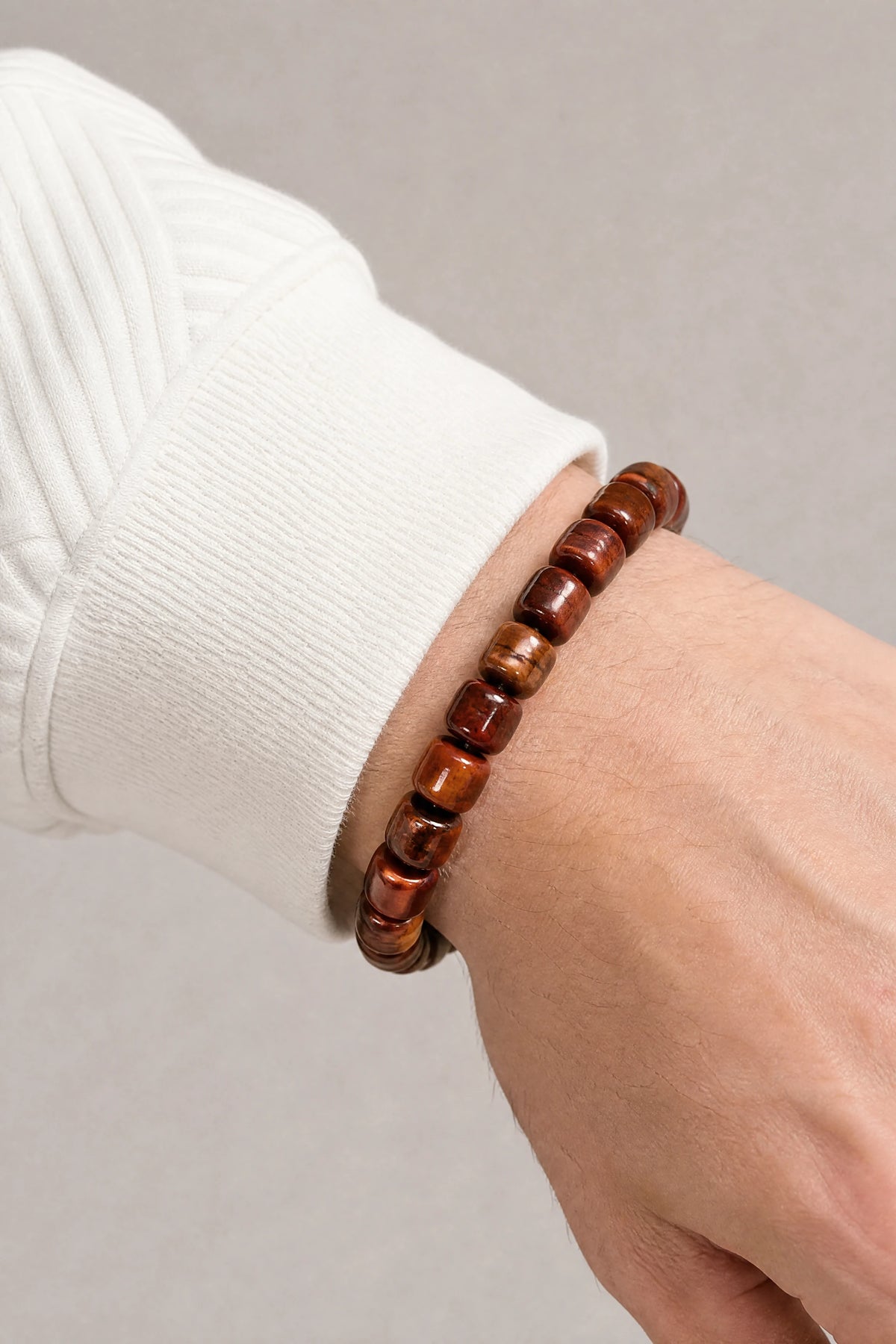 plain-brown-yak-bone-barrel-bracelet-model-a-outfit-a-closeup-01
