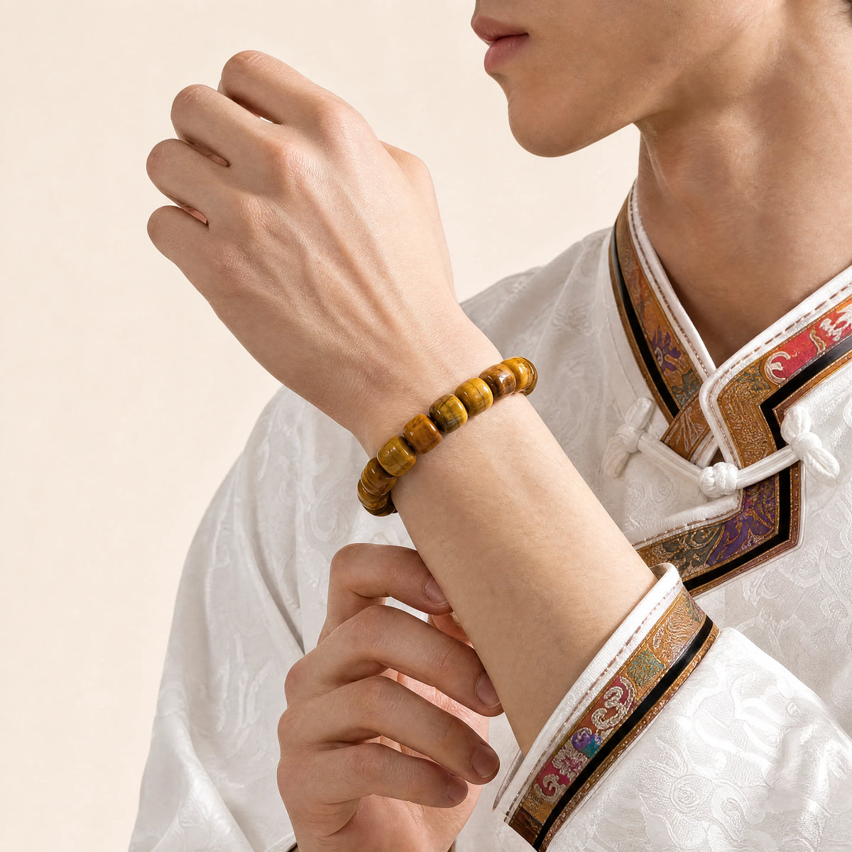 plain-orange-yak-bone-barrel-bracelet-model-a-outfit-a-fashion-02