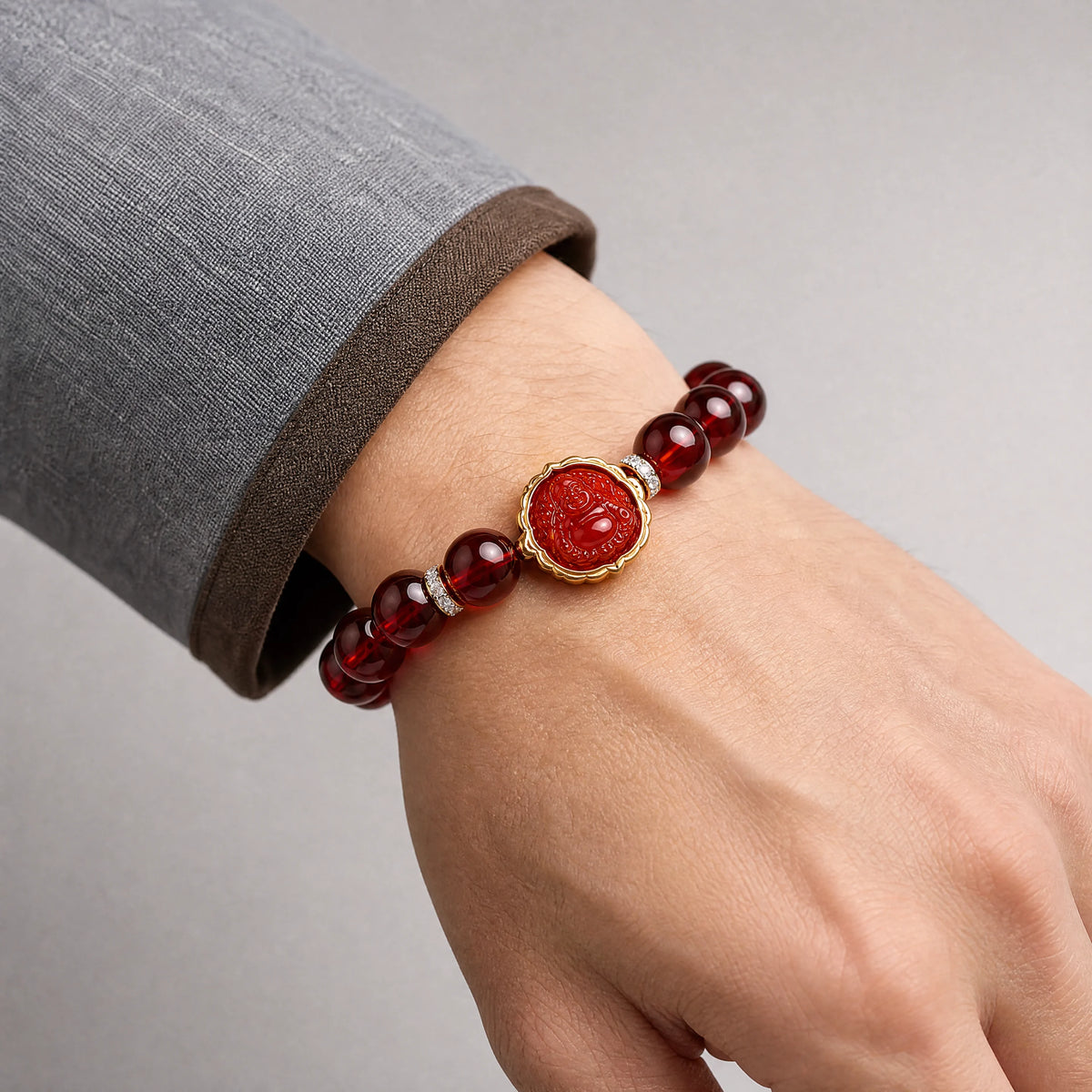 red-bead-guardian-buddha-bracelet-model-a-outfit-a-closeup-01