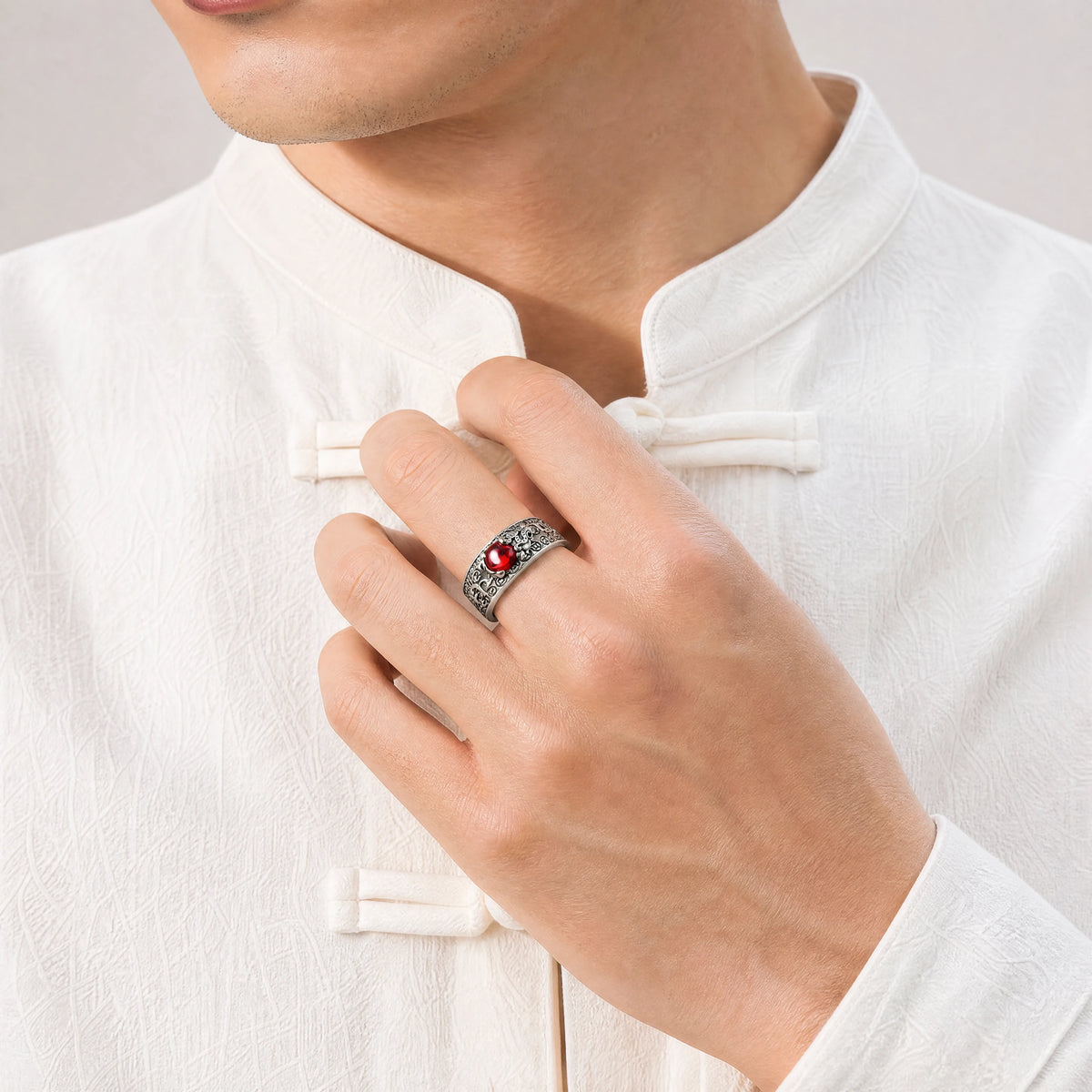 sterling-silver-pixiu-garnet-mantra-ring-model-a-outfit-a-fashion-02