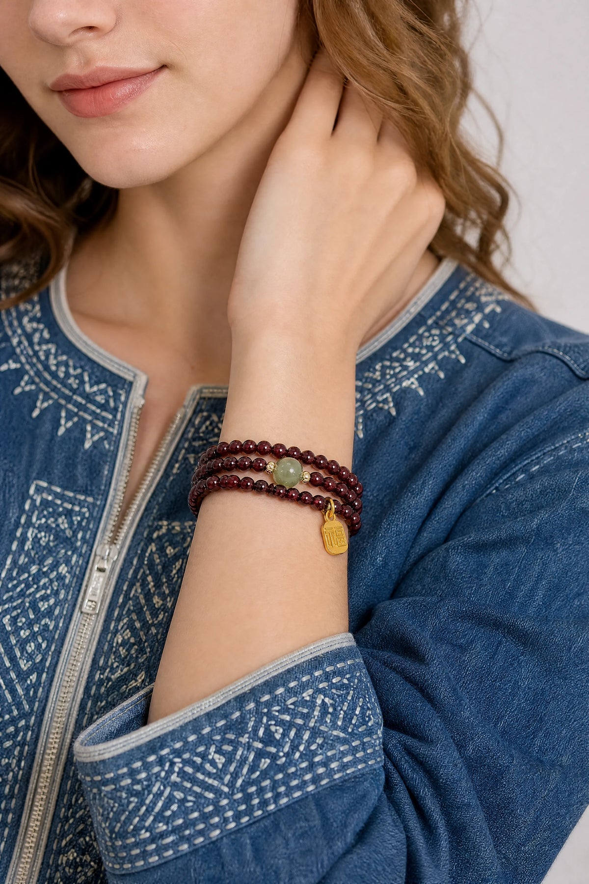 three-wrap-garnet-coin-bracelet-model-a-outfit-a-fashion-01