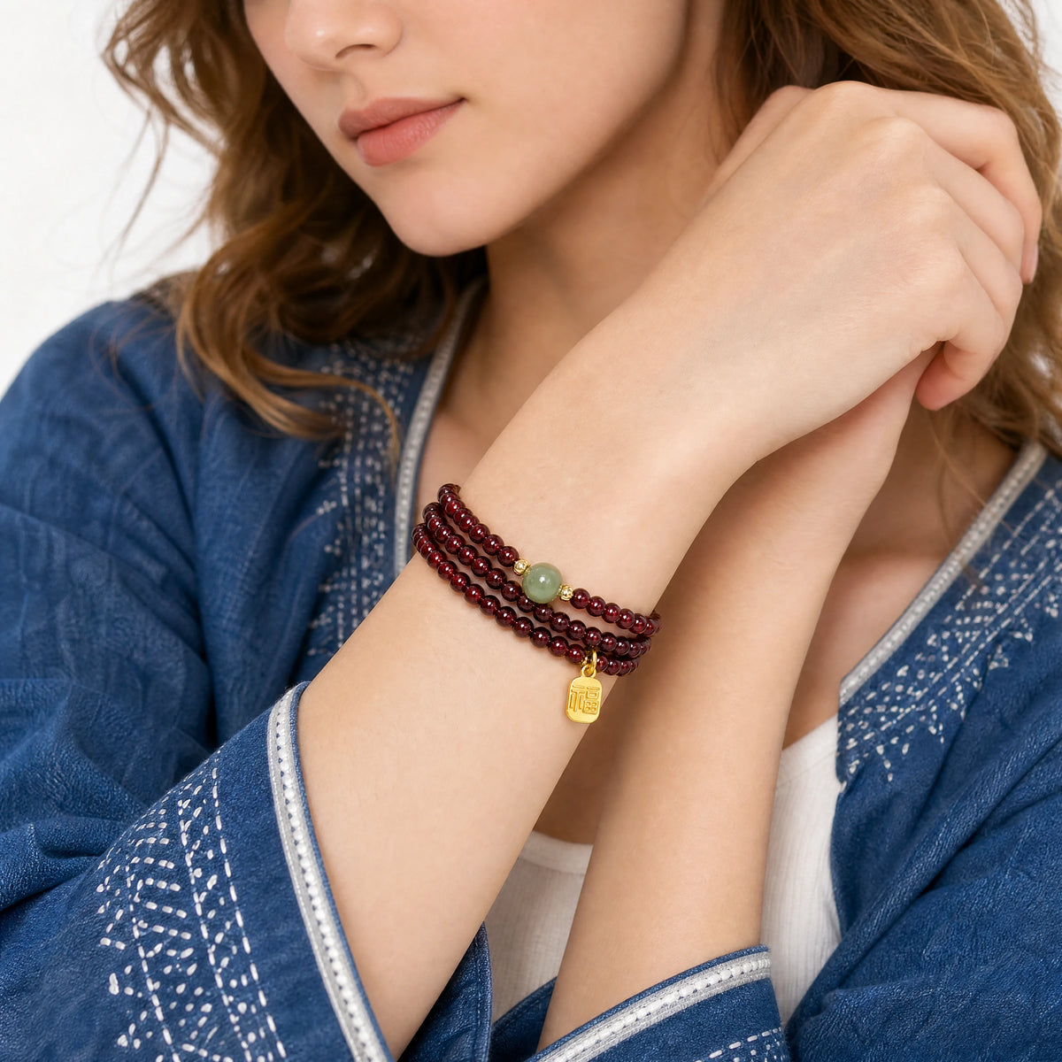 three-wrap-garnet-coin-bracelet-model-a-outfit-a-fashion-03