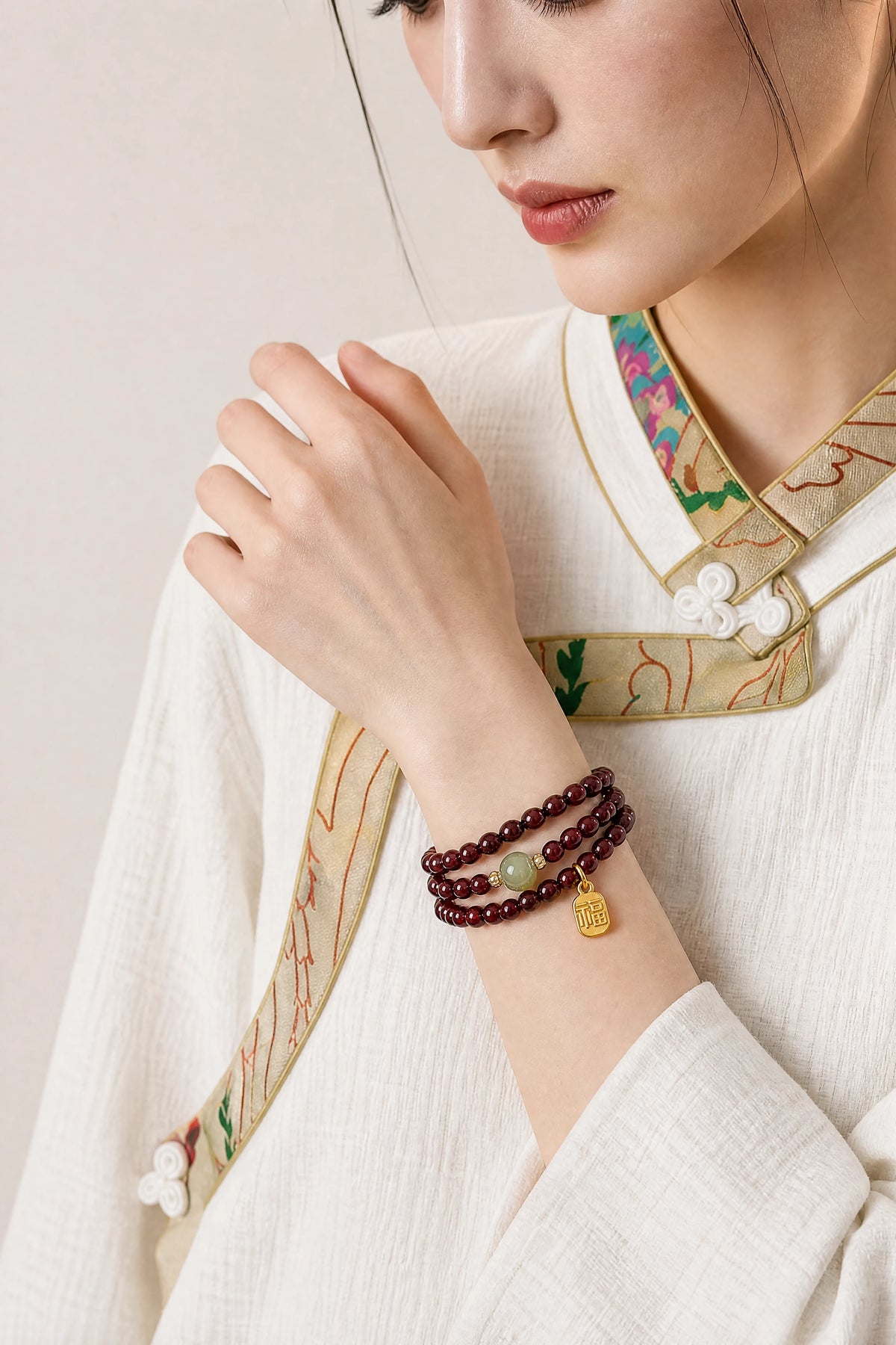 three-wrap-garnet-coin-bracelet-model-b-outfit-b-fashion-01