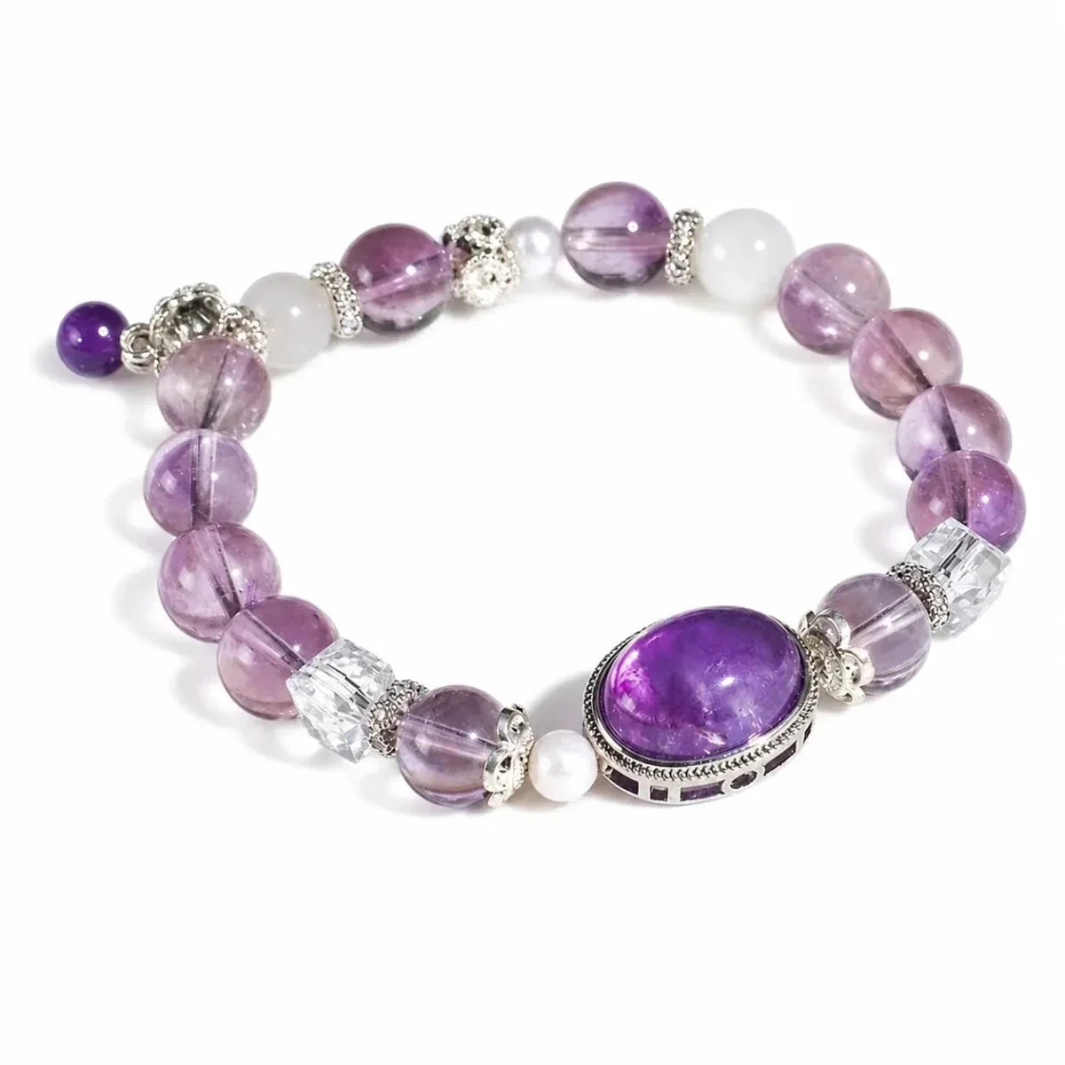 Amethyst Cabochon Bracelet — Natural Stone with Pearl or Tassel Accent - Amethyst Cabochon with Freshwater PearlTibet Art