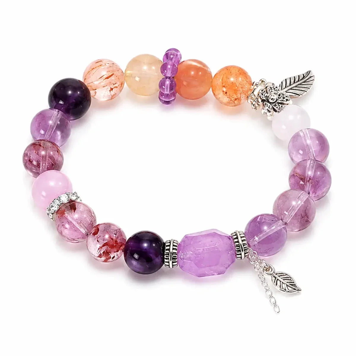 Nine Purple Fire Amethyst Tassel Bracelet — Butterfly & Leaf Crystal Charm Strand for Luck - Leaf & Butterfly TasselTibet Art