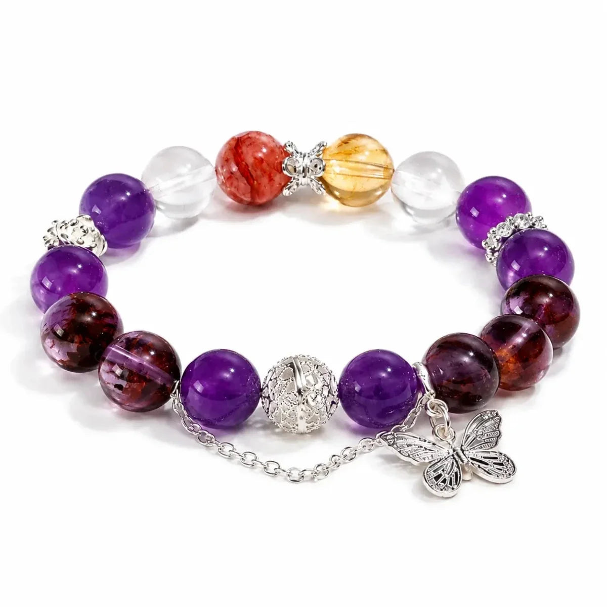 Nine Purple Fire Amethyst Tassel Bracelet — Butterfly & Leaf Crystal C Tibet Art