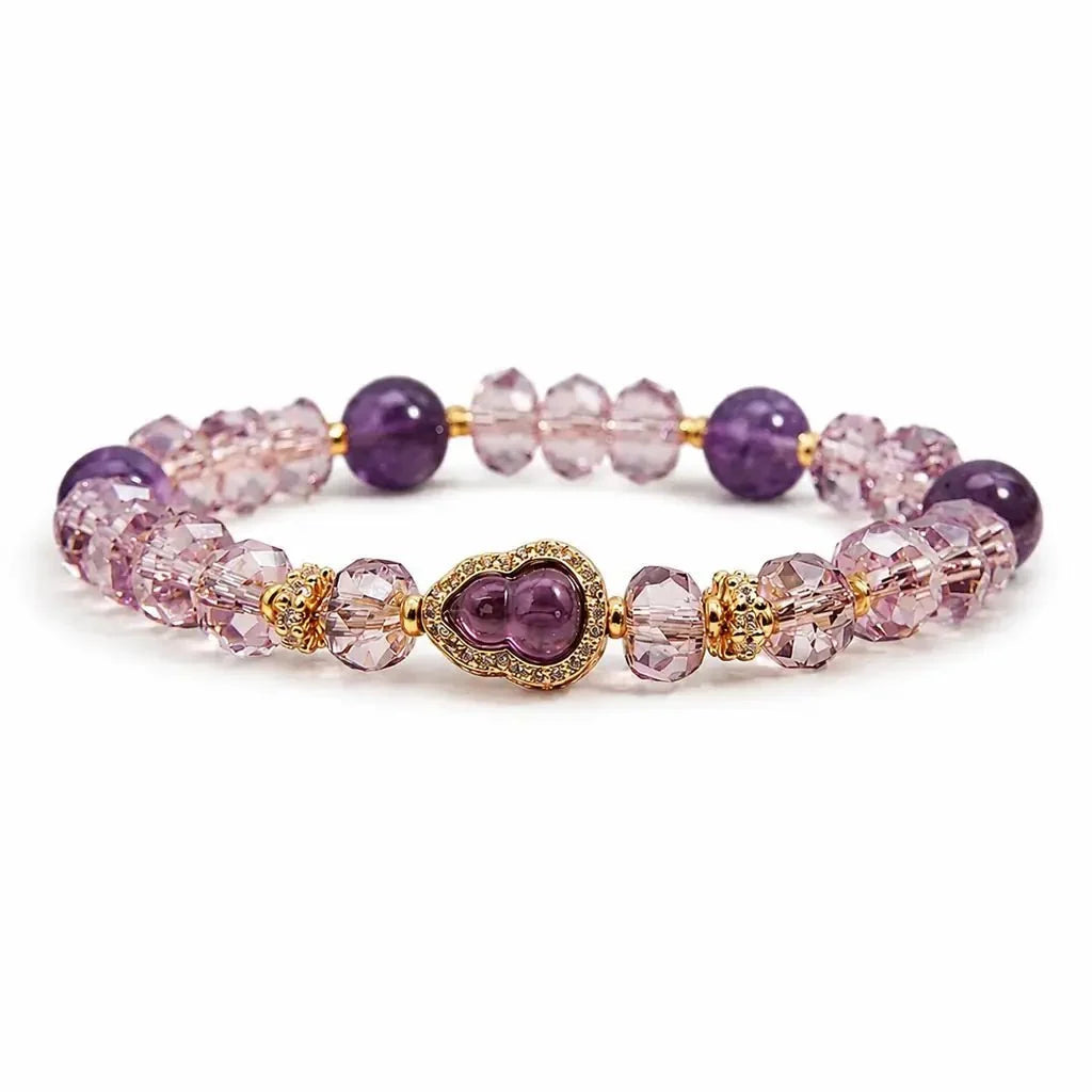 Amethyst Gourd Bracelet with Micro-Inlaid Charm — Crystal Bead Stack f Tibet Art