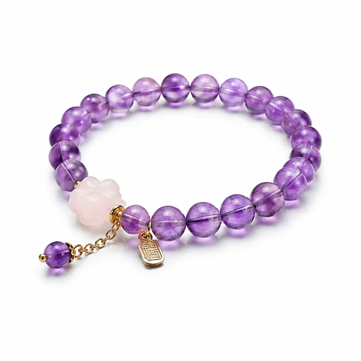 Amethyst Bead Bracelet with Stone Pendant — Rose Quartz Flower or Strawberry Quartz Charm - Amethyst 8mm with Rose Quartz Flower PendantTibet Art