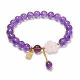 Amethyst Bead Bracelet with Stone Pendant — Rose Quartz Flower or Strawberry Quartz Charm Tibet Art