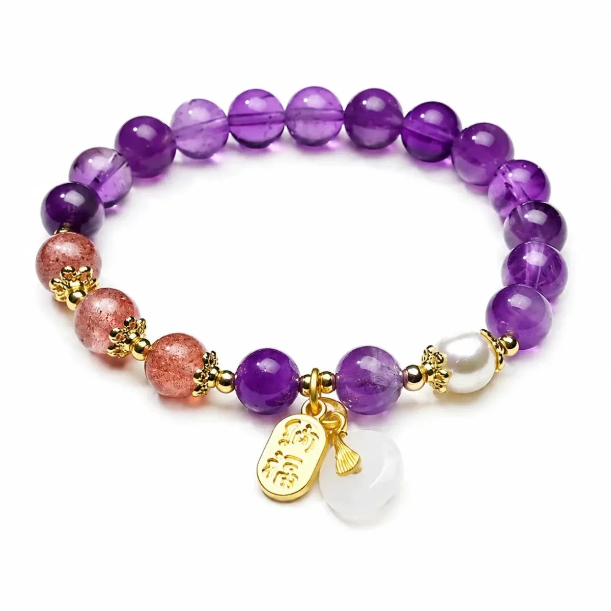Amethyst Bead Bracelet with Stone Pendant — Rose Quartz Flower or Strawberry Quartz Charm - Amethyst 8mm with Strawberry Quartz Fortune CharmTibet Art