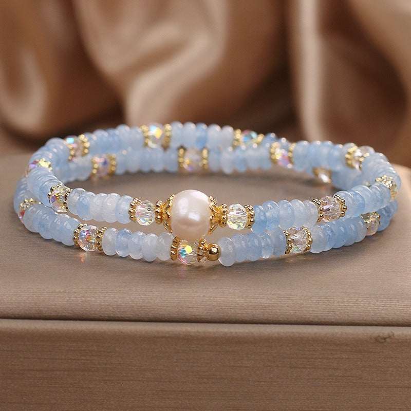 Aquamarine Minimalist Bead Bracelet — Natural Stone, Light Blue, Single Strand Tibet Art