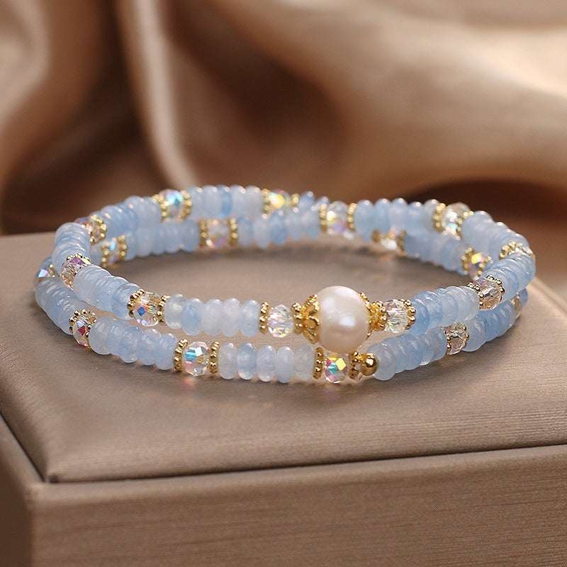 Aquamarine Minimalist Bead Bracelet — Natural Stone, Light Blue, Single Strand Tibet Art