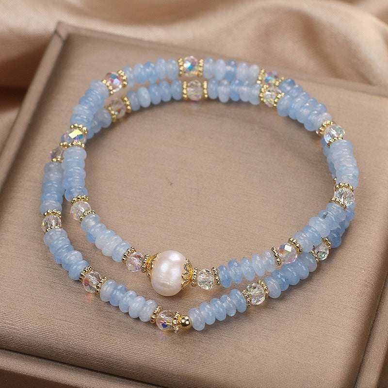 Aquamarine Minimalist Bead Bracelet — Natural Stone, Light Blue, Single Strand Tibet Art