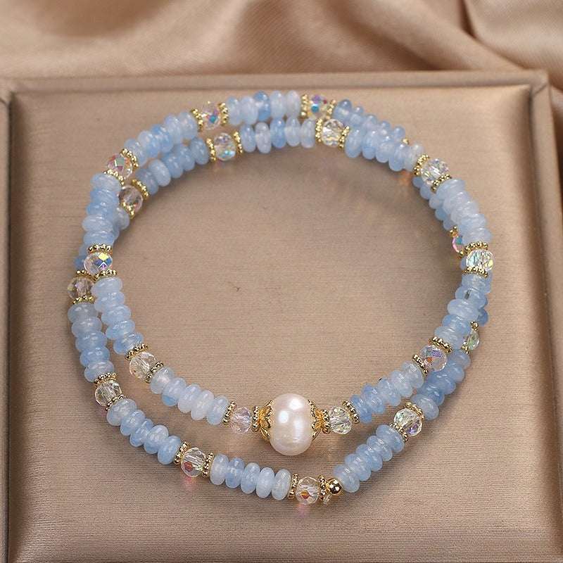 Aquamarine Minimalist Bead Bracelet — Natural Stone, Light Blue, Single Strand Tibet Art
