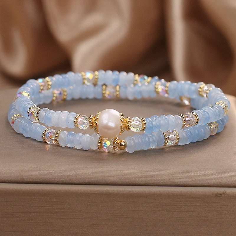 Aquamarine Minimalist Bead Bracelet — Natural Stone, Light Blue, Single Strand Tibet Art
