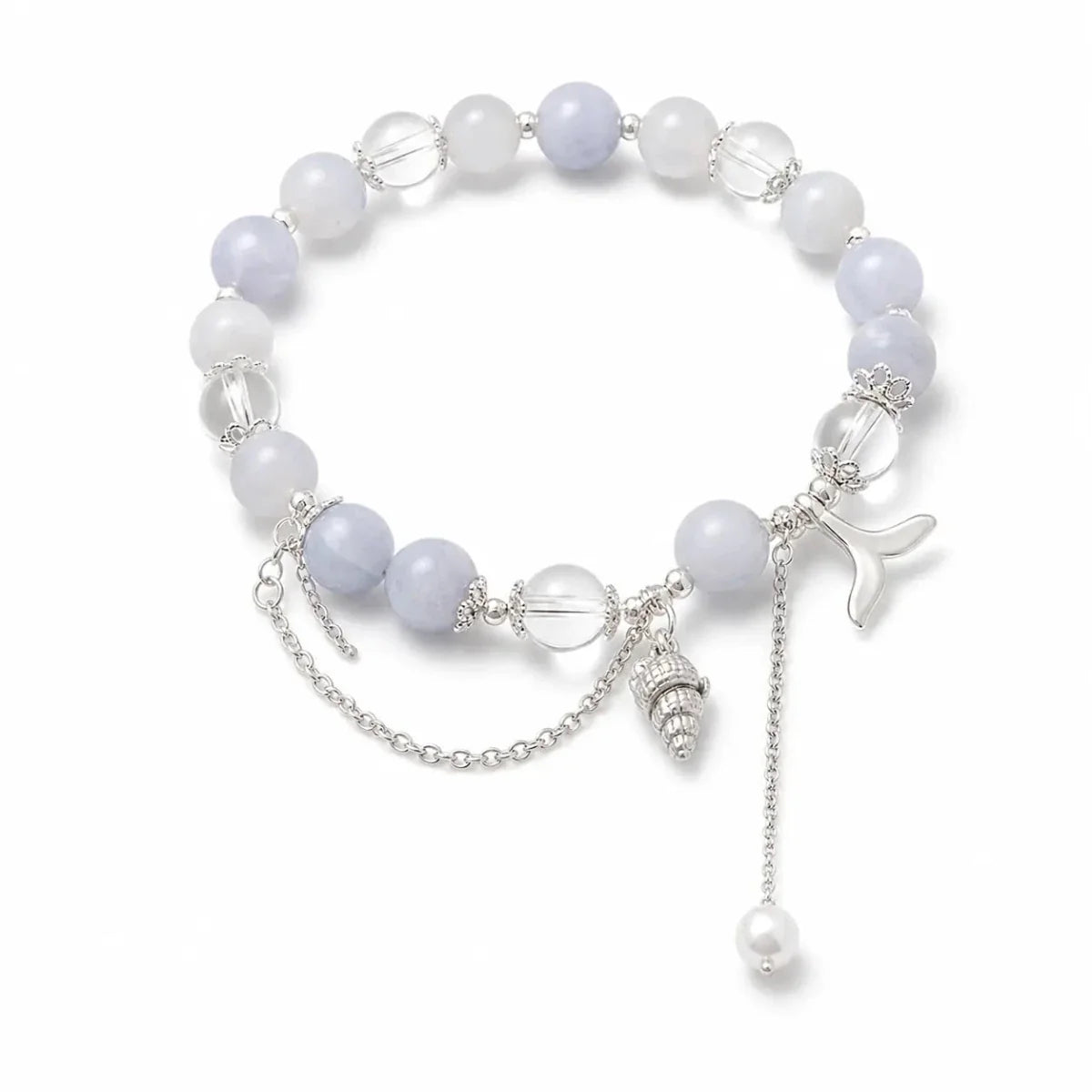 Aquamarine Shell Fishtail Tassel Bracelet — Natural Stone Beads with Gold-Plated Accent Tibet Art
