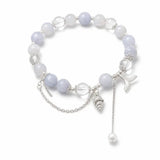 Aquamarine Shell Fishtail Tassel Bracelet — Natural Stone Beads with Gold-Plated Accent Tibet Art