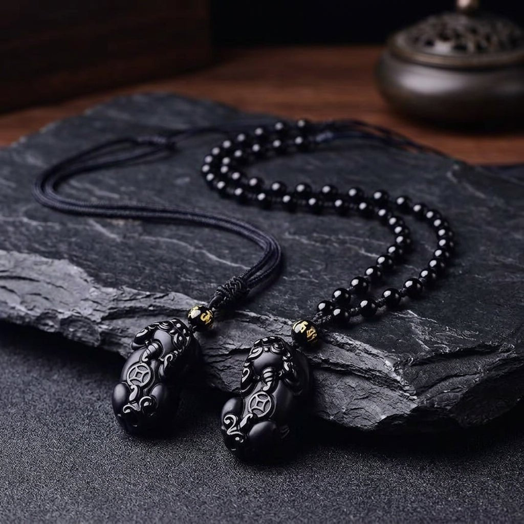 Black Obsidian Pixiu Necklace — Wealth Protection and Personal Feng Shui Charm - Tibet Art
