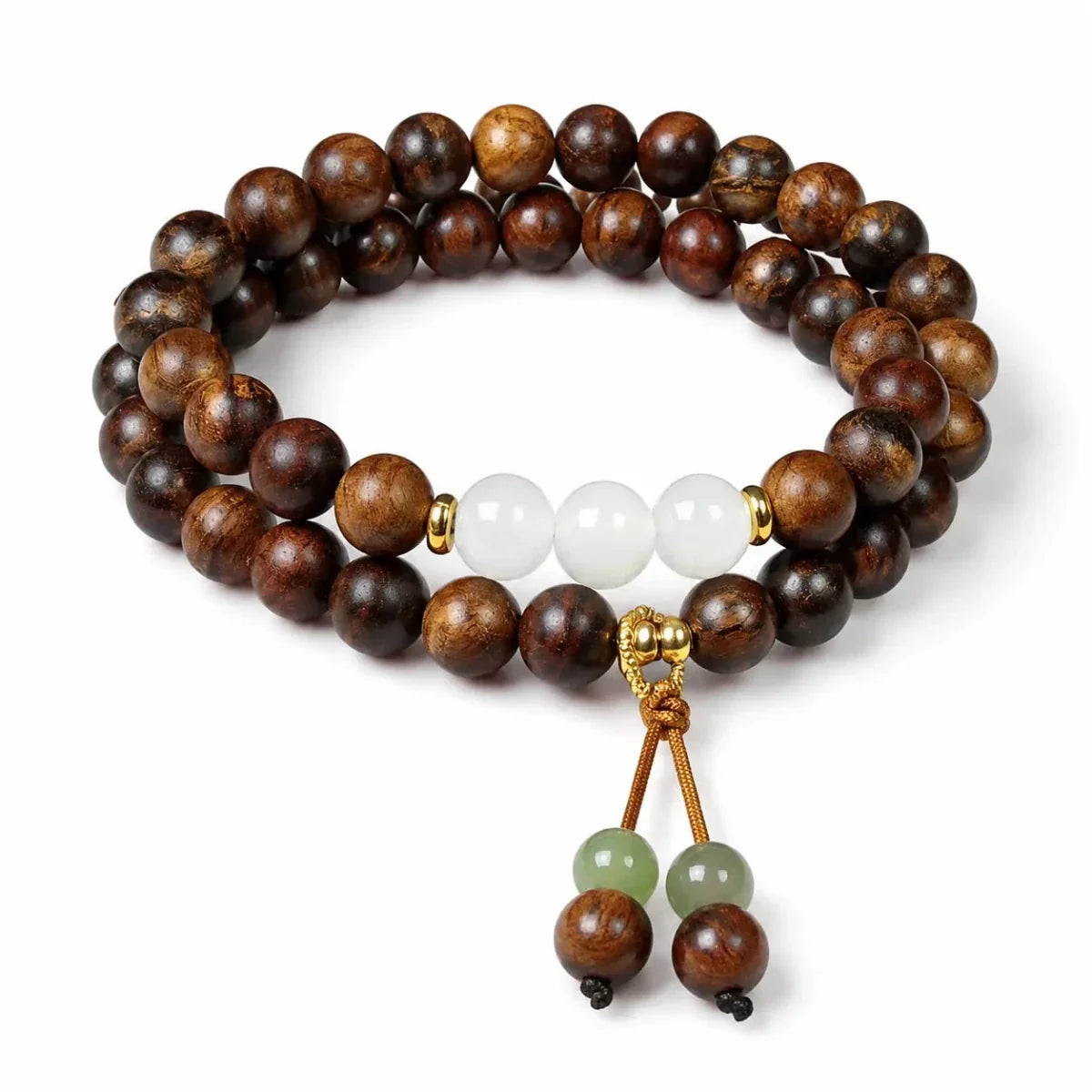 Black Rosewood 108-Bead Mala Bracelet — Natural Wood Prayer Beads in Round, Barrel & Wrap Styles - Double-Wrap 0.8mm with Gold Tassel & Ring AccentTibet Art