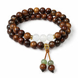 Black Rosewood 108-Bead Mala Bracelet — Natural Wood Prayer Beads in Round, Barrel & Wrap Styles - Double-Wrap 0.8mm with Gold Tassel & Ring AccentTibet Art