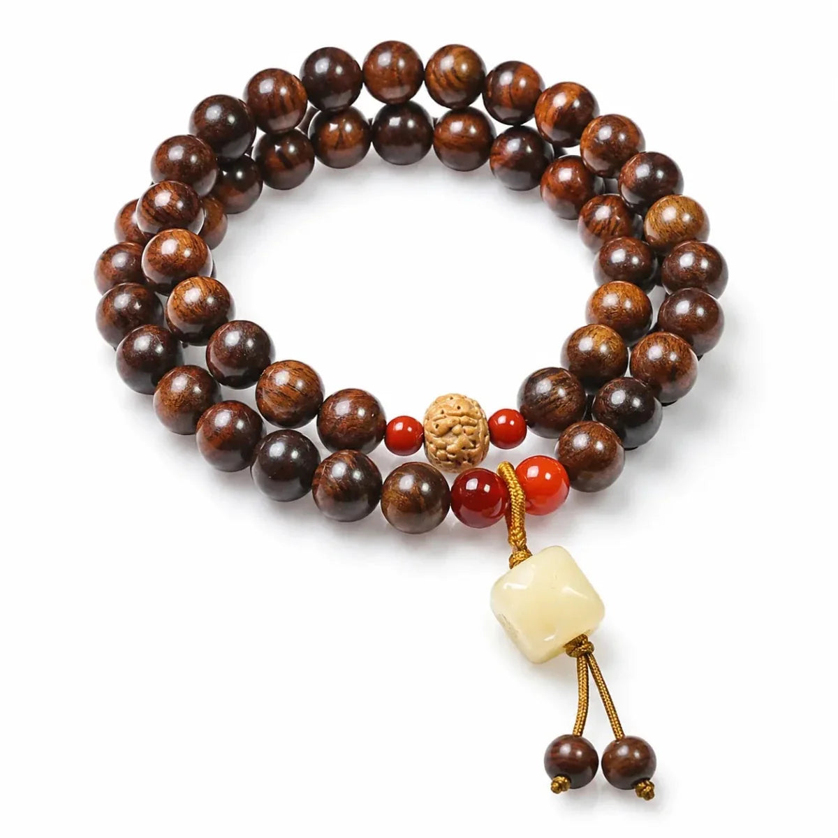 Black Rosewood 108-Bead Mala Bracelet — Natural Wood Prayer Beads in Round, Barrel & Wrap Styles - Double-Wrap 0.8mm with Pendant Charm & Vajra AccentTibet Art