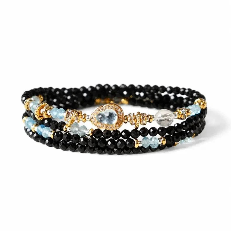 Black Tourmaline & Aquamarine Five Elements Wrap — Bracelet or Necklace, You Decide Tibet Art