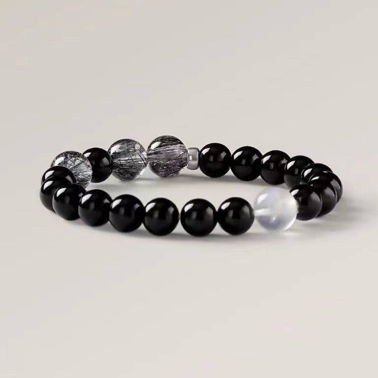 Black Tourmaline & Rutilated Quartz Bracelet — Dark Stone, Steady Ground - Tibet Art