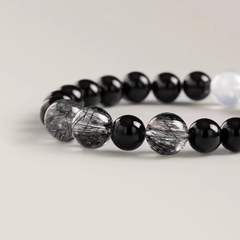 Black Tourmaline & Rutilated Quartz Bracelet — Dark Stone, Steady Ground - Tibet Art