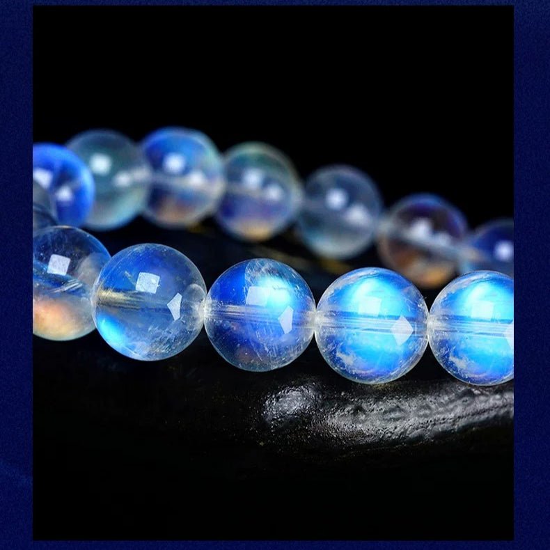 Indian Blue Moonstone Bracelet — 7A Glass-Body Ice Grade, Collector Quality Tibet Art