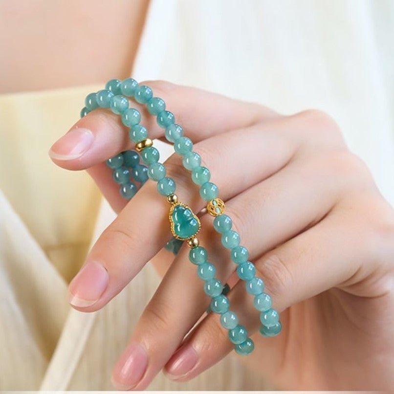 Blue Jade Double-Wrap Gourd Bracelet — Two Loops, One Stone - 6mm BeadsTibet Art