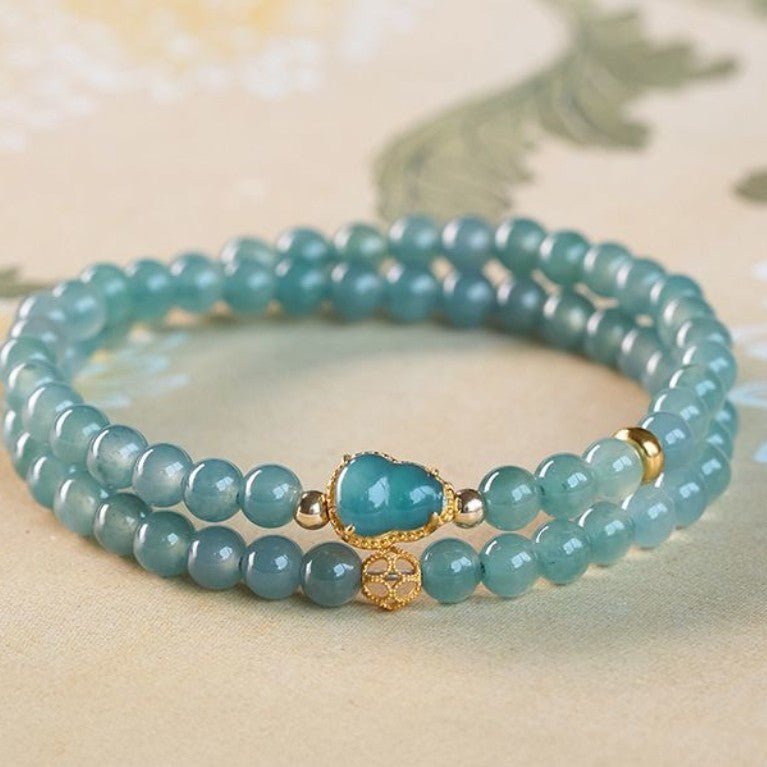 Blue Jade Double-Wrap Gourd Bracelet — Two Loops, One Stone - 6mm BeadsTibet Art