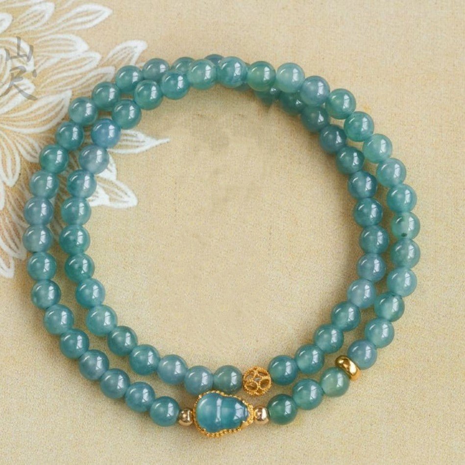 Blue Jade Double-Wrap Gourd Bracelet — Two Loops, One Stone - 6mm BeadsTibet Art