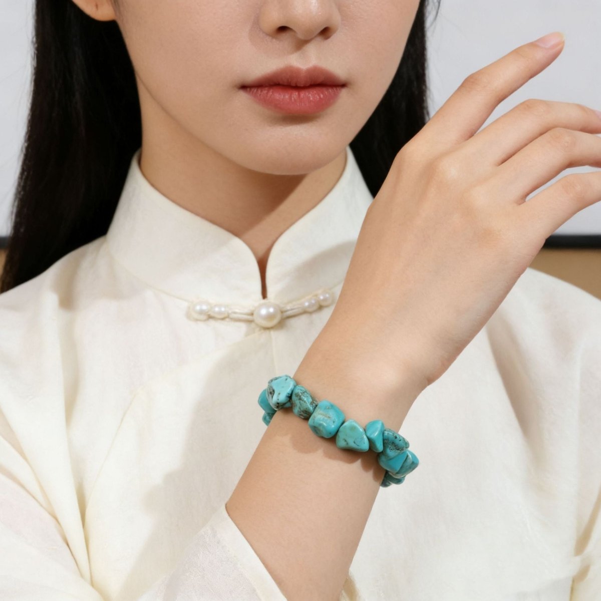 Blue Magnesite Statement Bracelet - Large Oval Focal Stone - Large Oval Blue Magnesite StoneTibet Art