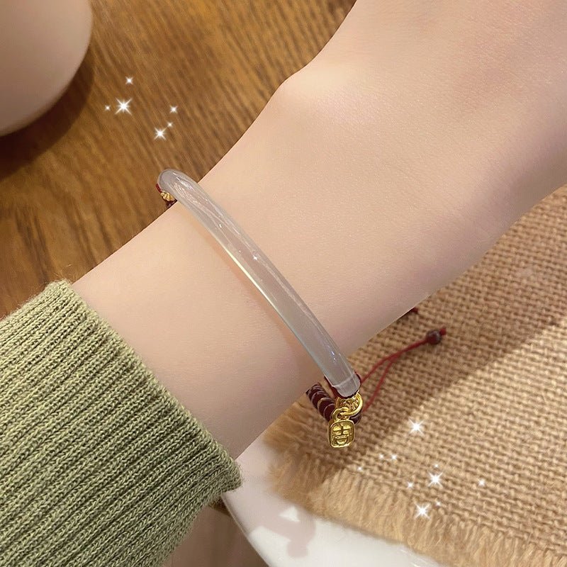 Chalcedony Half-Bangle with Garnet — Adjustable New-Chinese Style - Half-Bangle with GarnetTibet Art
