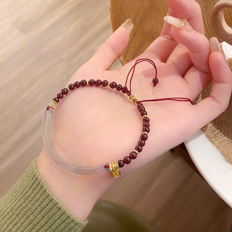 Chalcedony Half-Bangle with Garnet — Adjustable New-Chinese Style - Half-Bangle with GarnetTibet Art