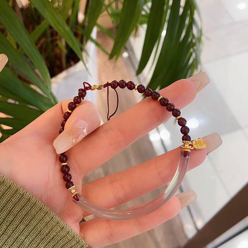 Chalcedony Half-Bangle with Garnet — Adjustable New-Chinese Style - Half-Bangle with GarnetTibet Art