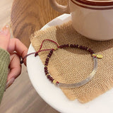 Chalcedony Half-Bangle with Garnet — Adjustable New-Chinese Style - Half-Bangle with GarnetTibet Art